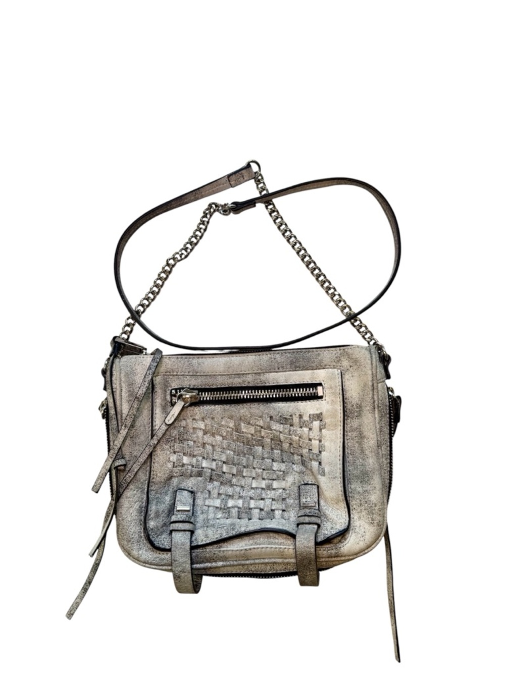 She + Lo Leather Crossbody Bag Expandable Distressed Woven Gray Chain Strap